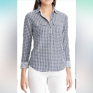Chaps Classic 100% cotton plaid blue button down shirt, women's size L